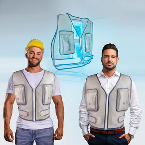 Image showing a construction worker and office worker. Both wearing cooling vests with an image above them in the middle illustrating the cooling power of the cooling vest